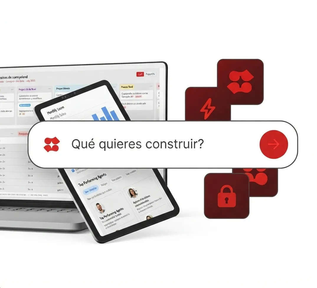Portátil y tableta con tableros, la pregunta qué quieres construir, y mosaicos con el símbolo SICATIC, un rayo y un candado